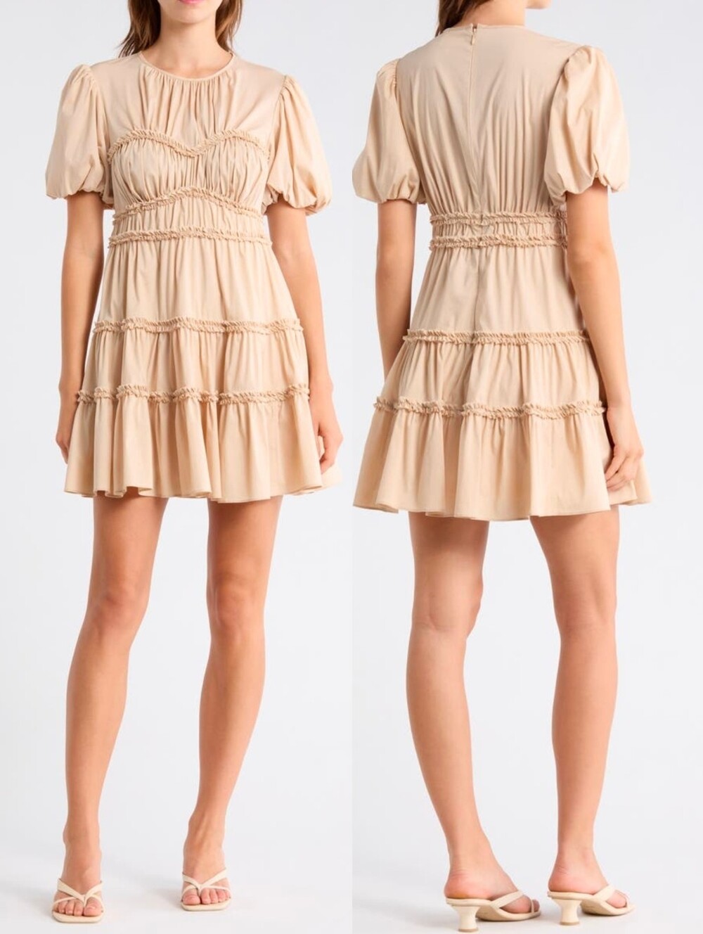 NWT CINQ A SEPT Tan Sirrina Puff Slerve Cotton Blend Ruffle Detail Mini Dress